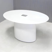 72-inch Aurora Oval Conference Table in 1/2-inch white solid engineered surface top, white gloss laminate base, and silver MX3 power box.