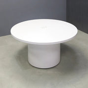 54-inch Newton Round Conference Table in white matte laminate top & base, and white MX2 power box.