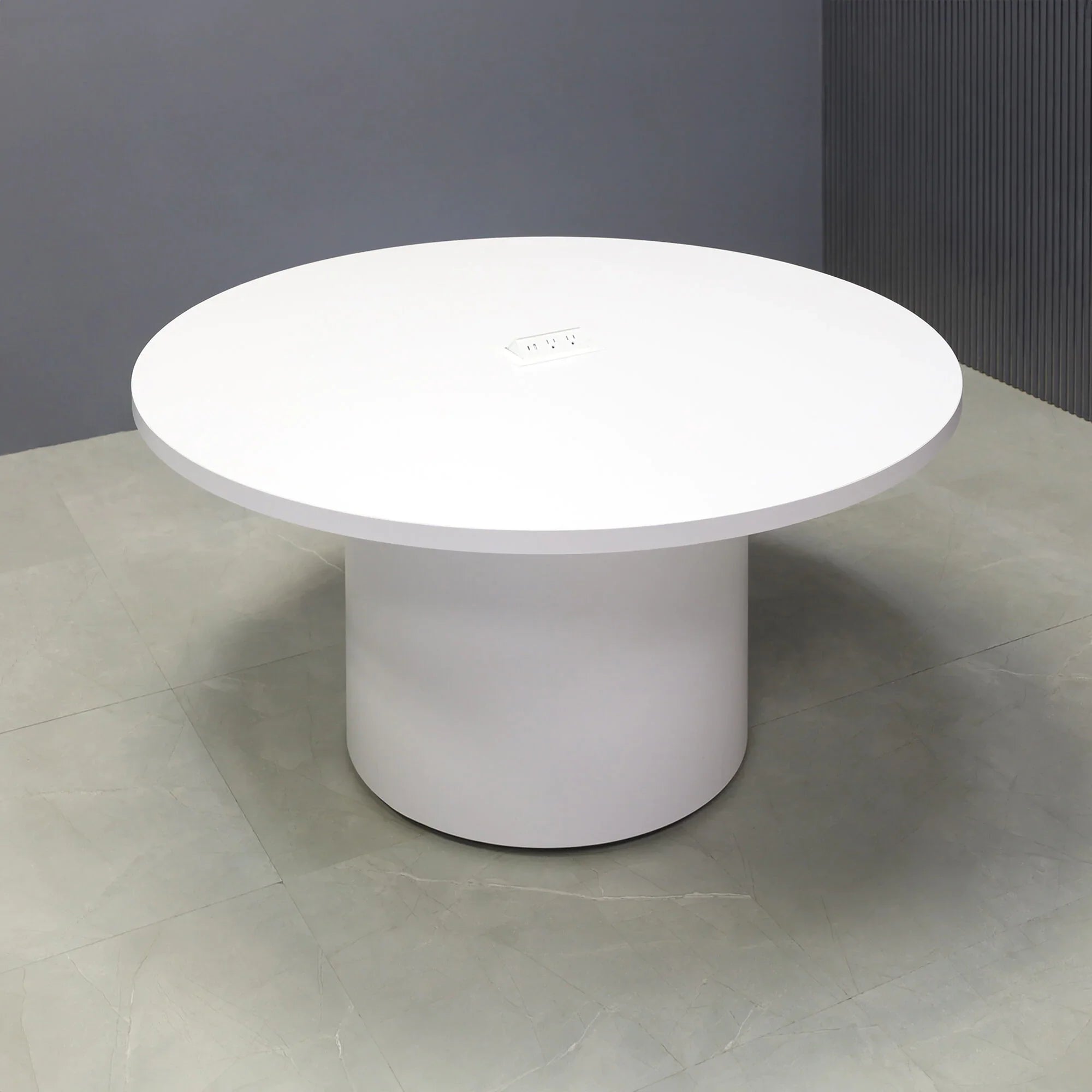 54-inch Newton Round Conference Table in white matte laminate top & base, and white MX2 power box.
