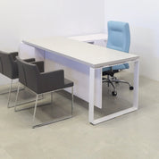 Aspen Executive Desk With Credenza and Laminate Top in fog gray matte lamina top, white matte laminate privacy panel and credenza, and white metal leg shown here.