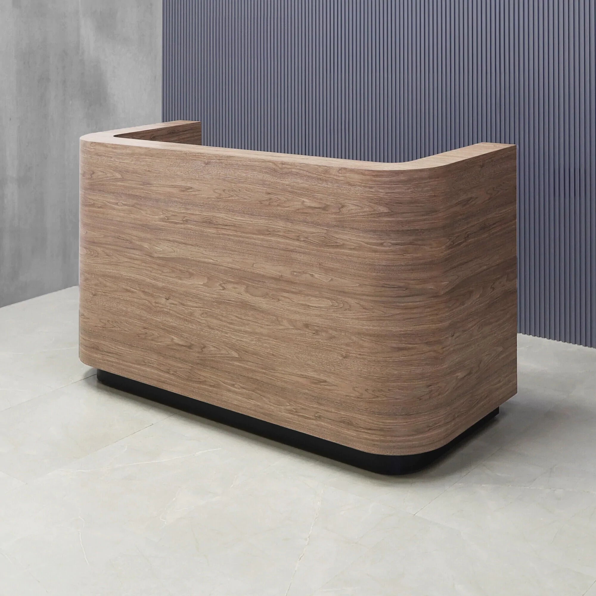 72-inch Nola Custom Reception Desk in hazel walnut matte laminate main desk and black traceless laminate toe-kick.