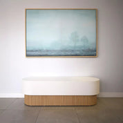 60-inch Pill Bench with X2 Base in Dover Off-White laminate main body, and White Oak tambour base.