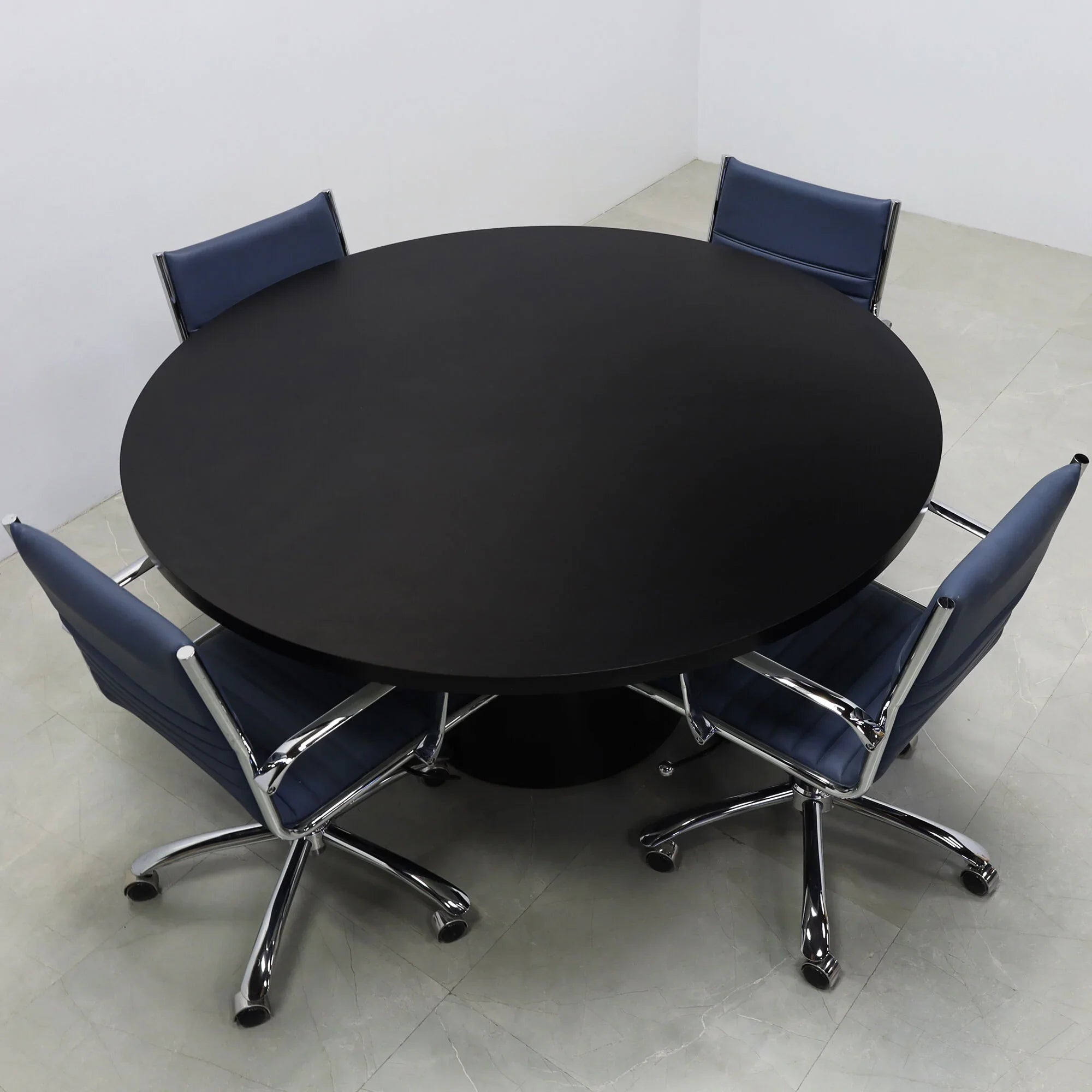 60-inch Newton Round Conference Table in black matte laminate top & base.