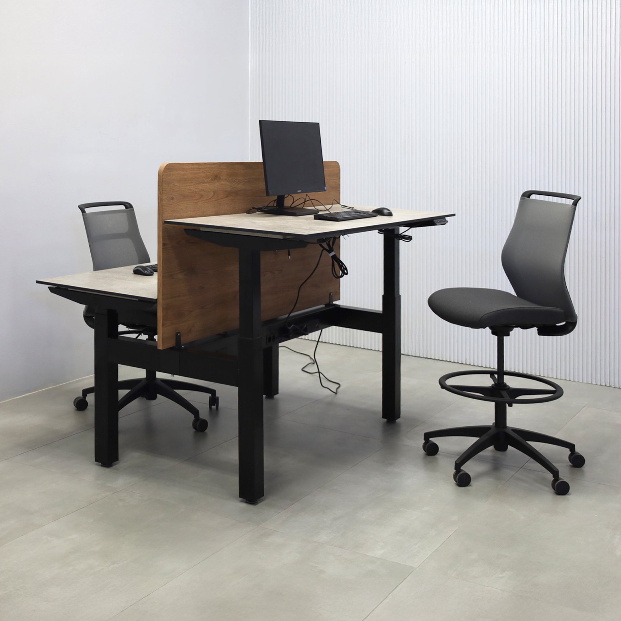 60-inch Knoxville Workstation with Industrial Concrete engineered surface top, Special Chestnut laminate privacy panel, and Black Powder-Coated frame.