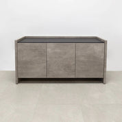 60-inch Aspen Storage Credenza in 1/2-inch black traceless engineered surface top, and industrial concrete credenza & doors.