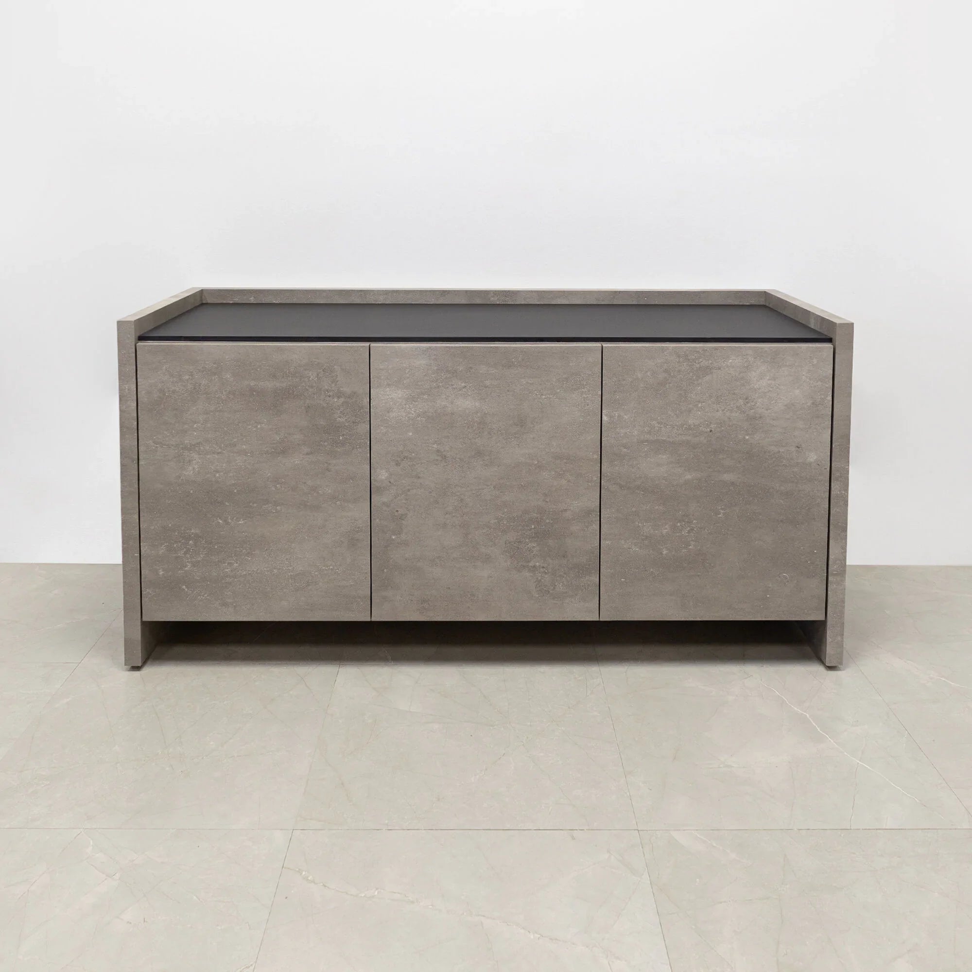 60-inch Aspen Storage Credenza in 1/2-inch black traceless engineered surface top, and industrial concrete credenza & doors.
