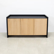 60-inch Aspen Storage Credenza in black traceless laminate credenza, and white oak tambour doors.