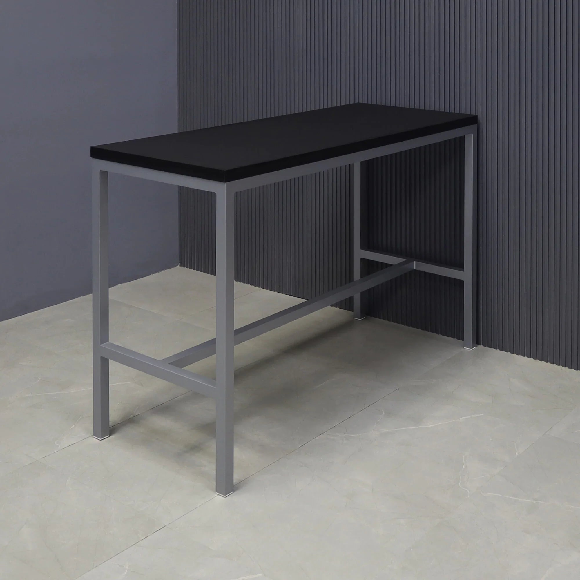 60-inch Aspen Bar Table in black traceless laminate top, and gray metal frame.