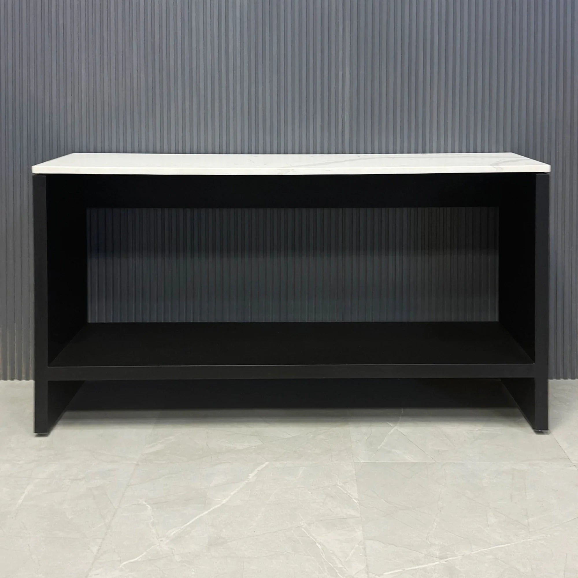 4" Calcutta Quartz Stone Top and black traceless laminate console, shown here.