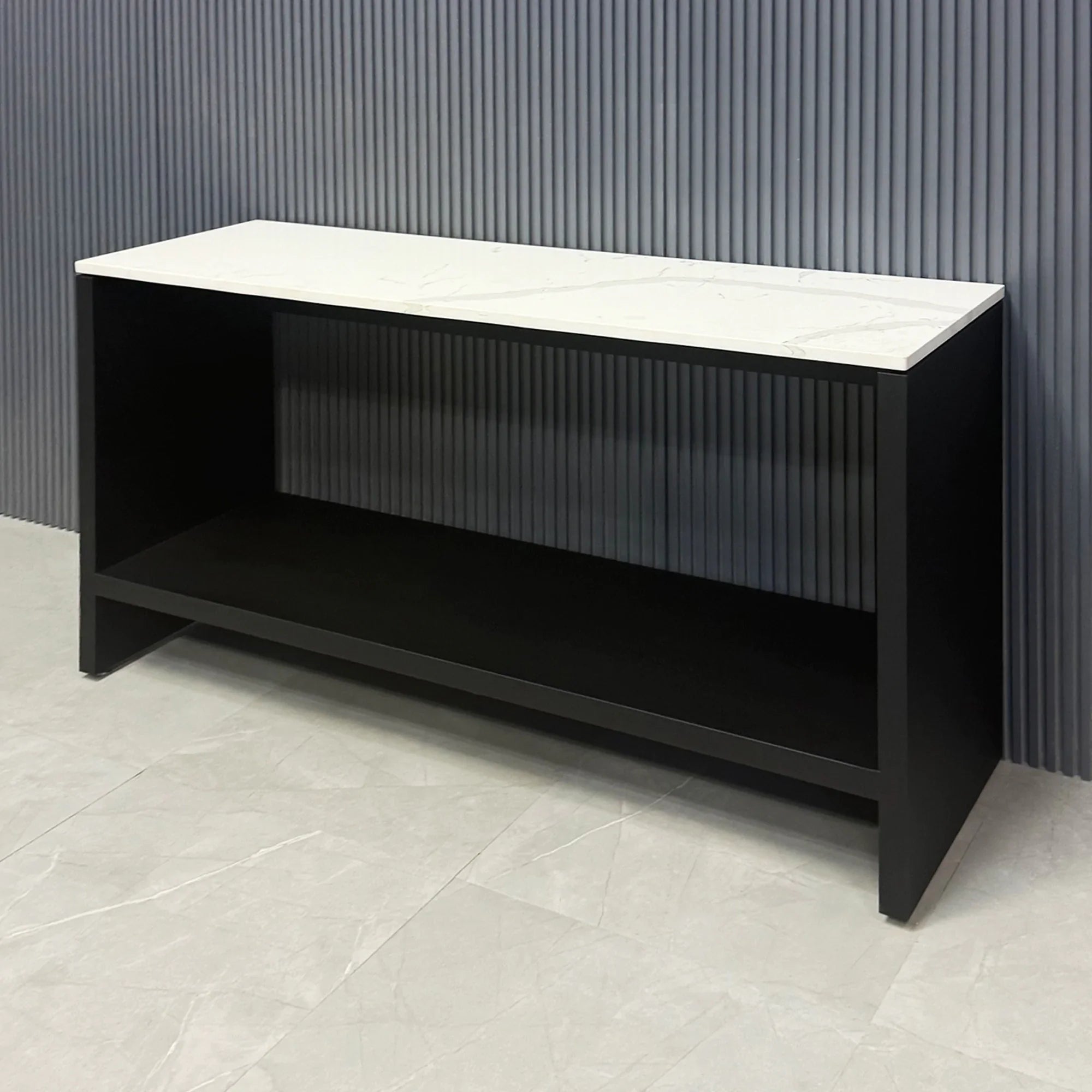 4" Calcutta Quartz Stone Top and black traceless laminate console, shown here.