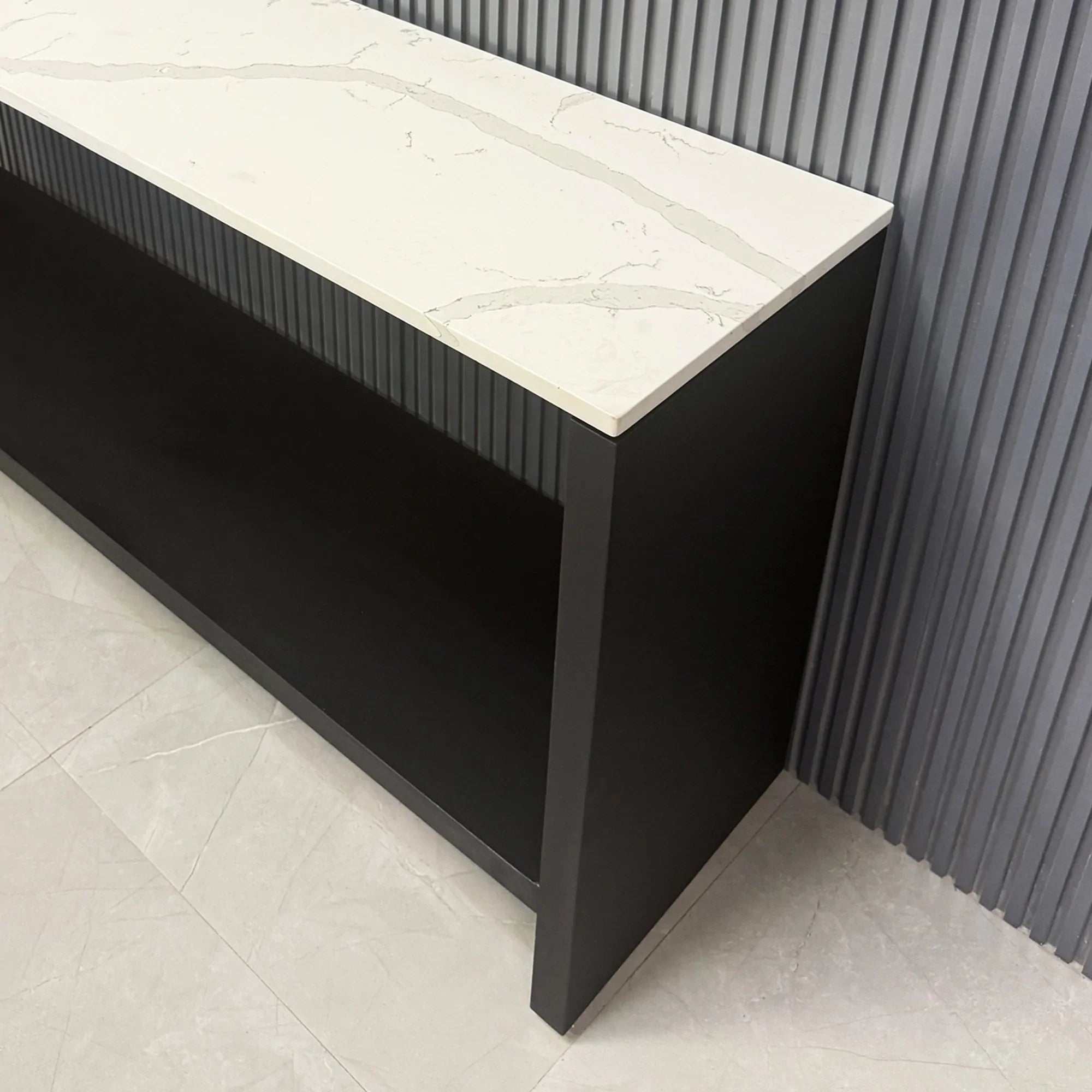 60-inch Boston Console Table in 3/4" Calcutta Quartz Stone Top and black traceless laminate console, shown here.