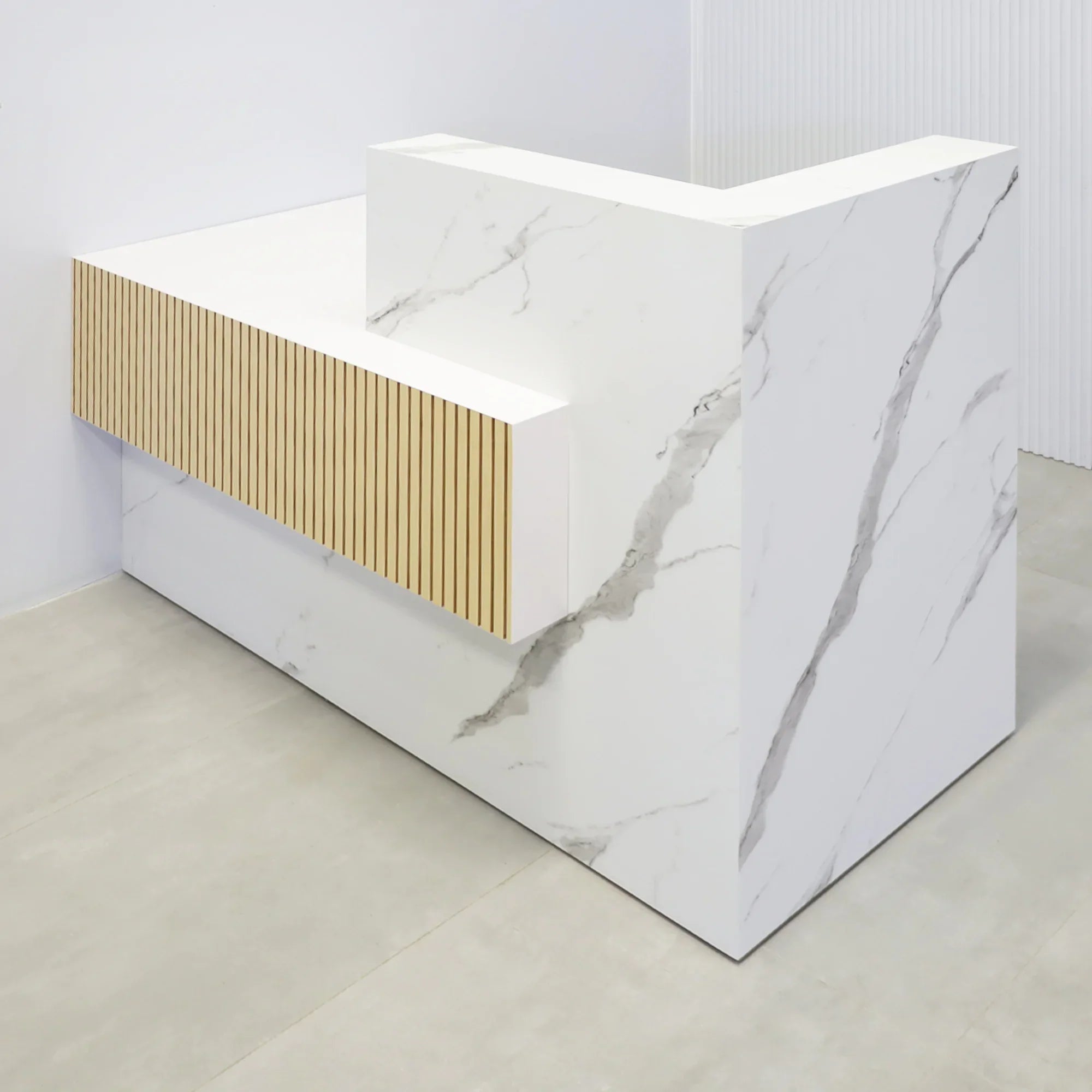 60-inch Atlanta Custom Reception Desk with calcutta stone PVC laminate countertop & base, white matte laminate workspace, and maple tambour front accent panel.