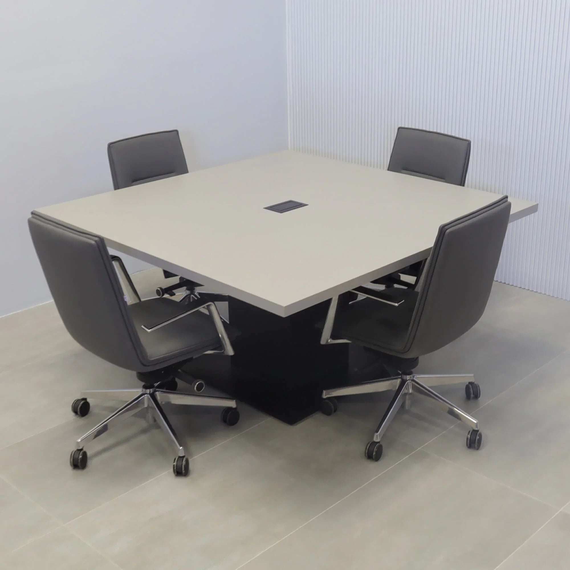 60-inch California X2 Round Conference Table With Laminate Top in fog gray matte laminate, black traceless laminate pedestal, black metal powder-coated base, and black MX2 power box.
