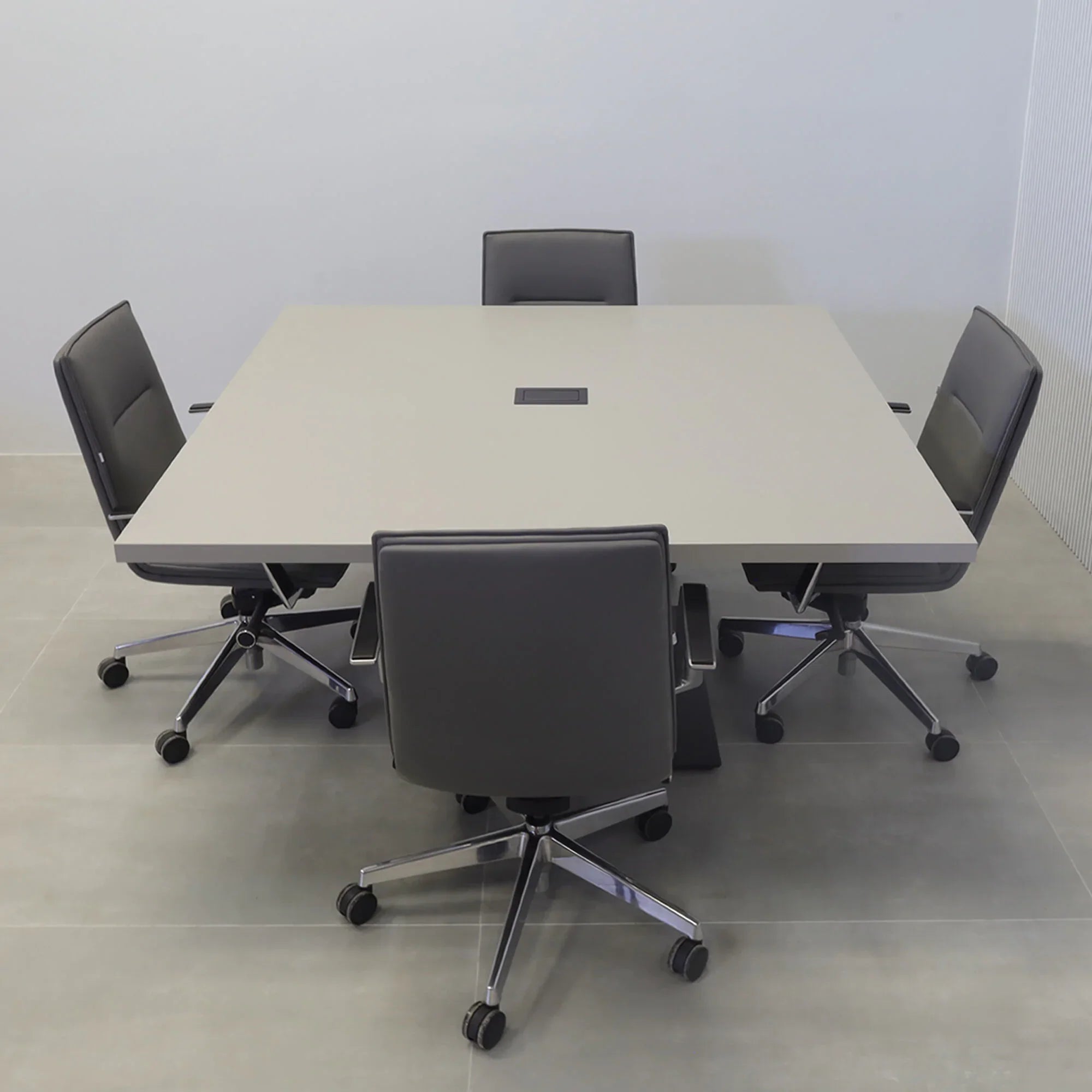 60-inch California X2 Round Conference Table With Laminate Top in fog gray matte laminate, black traceless laminate pedestal, black metal powder-coated base, and black MX2 power box.