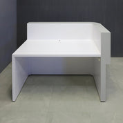 60-inch Nola L-Shape Curved Custom Reception Desk in folkstone gray matte laminate counter, white matte tambour front desk and white matte laminate workspace, with white LED, shown here.