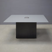 60-inch Omaha Rectangular Conference Table In 1/2-inch medium gray tempered glass top, black matte laminate base, and one black MX2 power box.