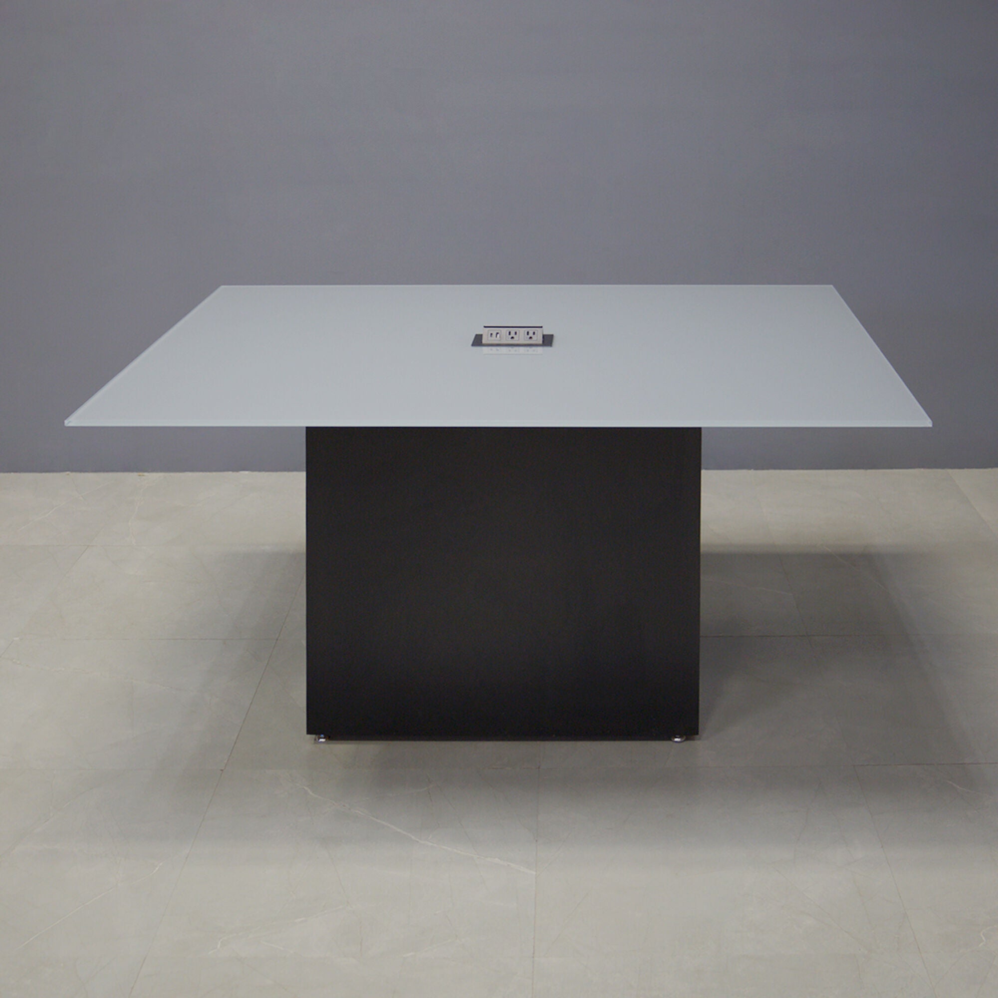2-inch medium gray tempered glass top, black matte laminate base, and one black MX2 power box.