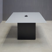 60-inch Omaha Rectangular Conference Table In 1/2-inch medium gray tempered glass top, black matte laminate base, and one black MX2 power box.