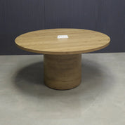 60-inch Newton Round Conference Table in planked urban oak matte laminate top & base, and white power box.