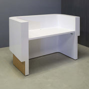 60-inch Nola Curved Custom Reception Desk in white matte laminate counter & inside desk, white oak tambour front desk, and warm white LED.