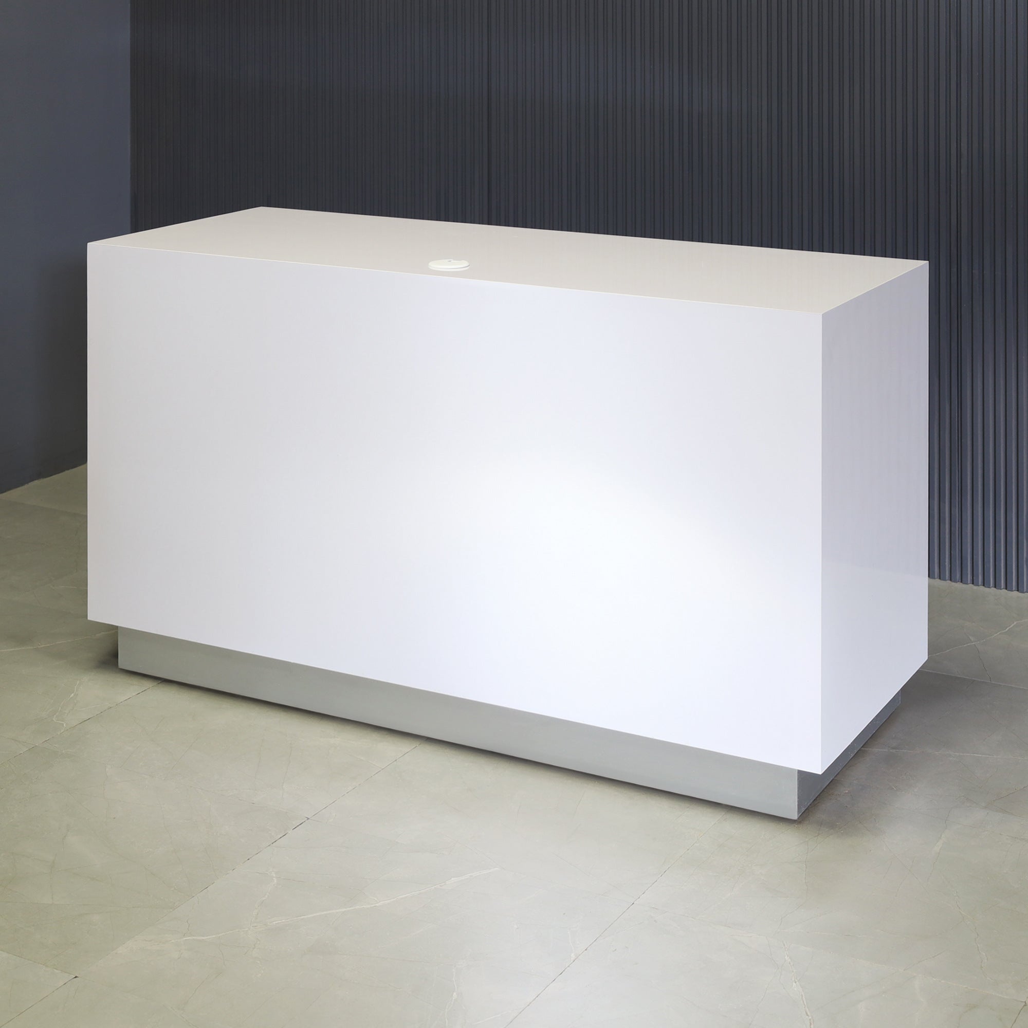 60-inch Houston Retail Custom Reception Desk in white gloss laminate main desk and brushed aluminum toe-kick.