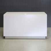 60-inch Houston Custom Reception Desk in white gloss laminate main desk and brushed aluminum toe-kick, shown here.