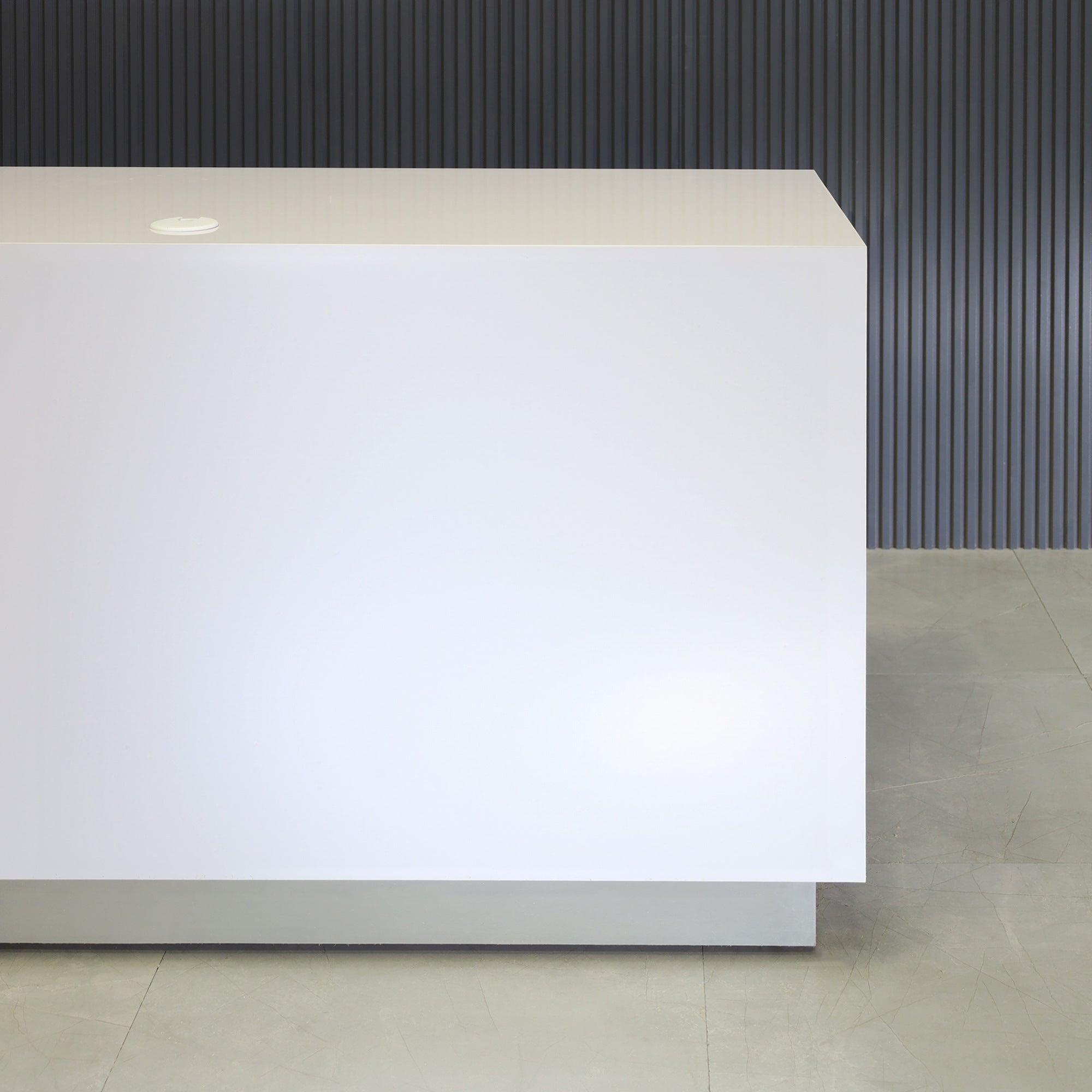 60-inch Houston Retail Custom Reception Desk in white gloss laminate main desk and brushed aluminum toe-kick.