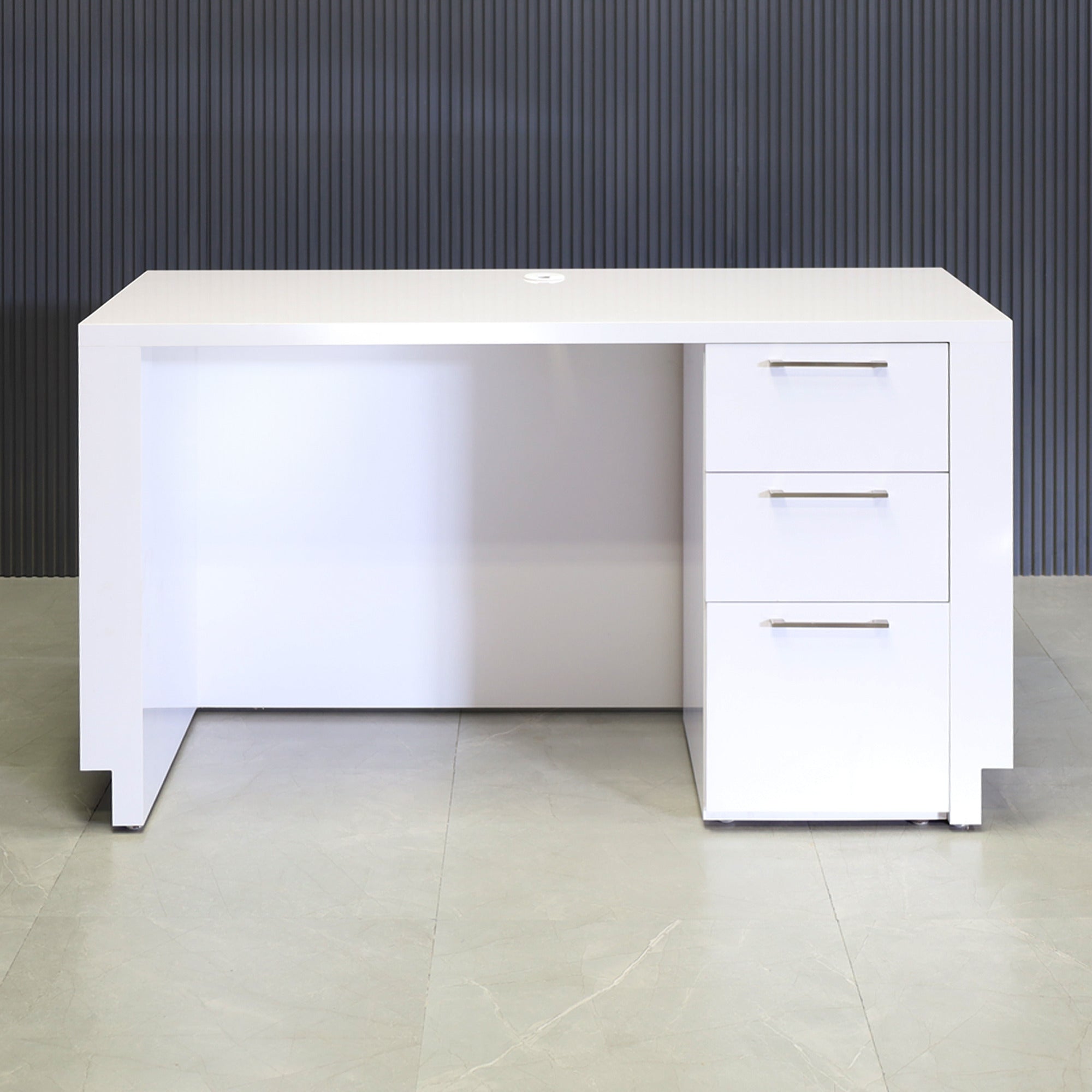 60-inch Houston Retail Custom Reception Desk in white gloss laminate main desk and brushed aluminum toe-kick. Built-in storage on the right side when sitting.