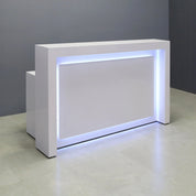 60-inch New York Straight Reception Desk in white gloss laminate main desk & accent recess front panel, with Color LED, shown here.