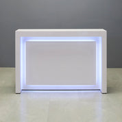 60-inch New York Straight Reception Desk in white gloss laminate main desk & accent recess front panel, with Color LED, shown here.