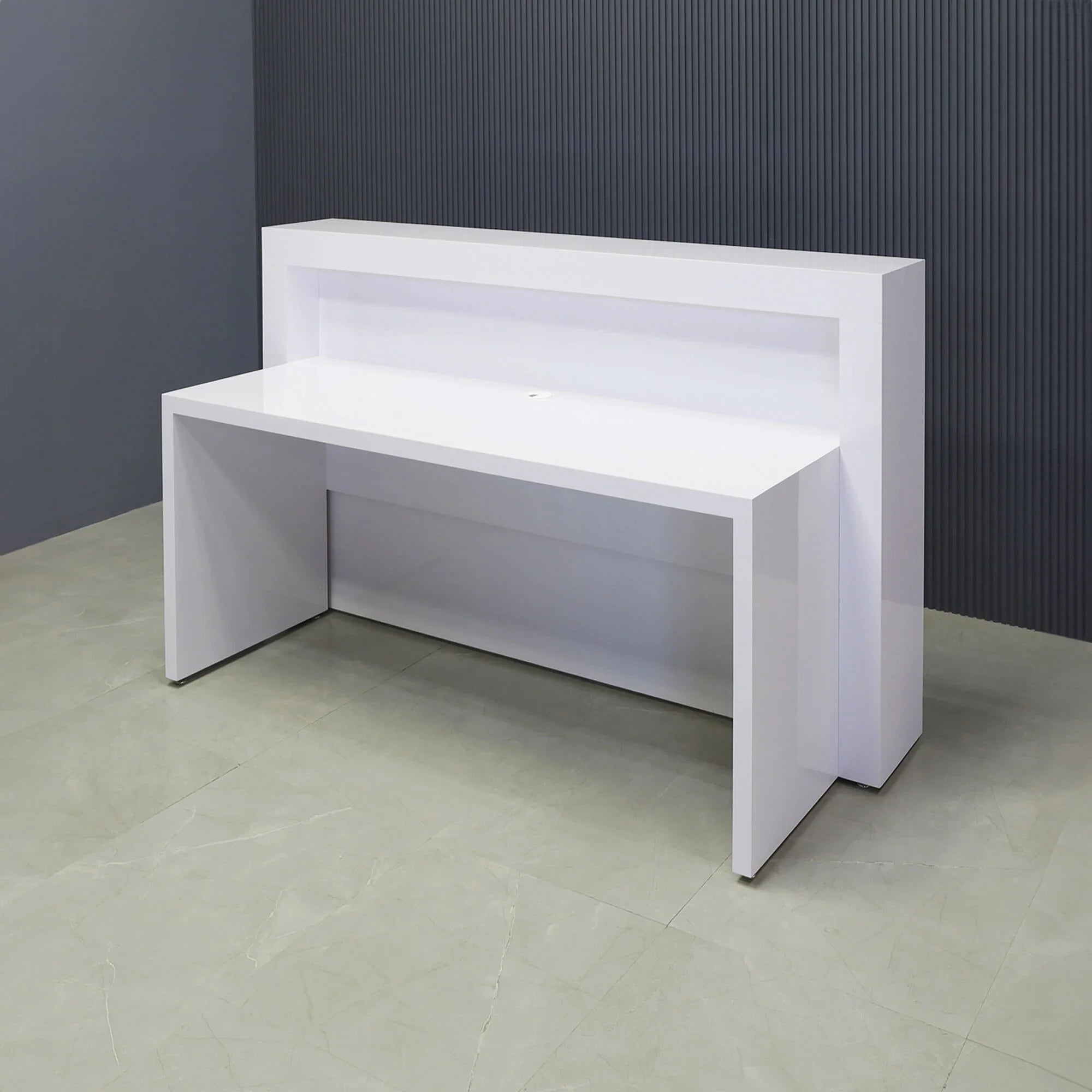 60-inch New York Straight Reception Desk in white gloss laminate main desk & accent recess front panel, with Color LED, shown here.