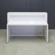 60-inch New York Straight Reception Desk in white gloss laminate main desk & accent recess front panel, with Color LED, shown here.