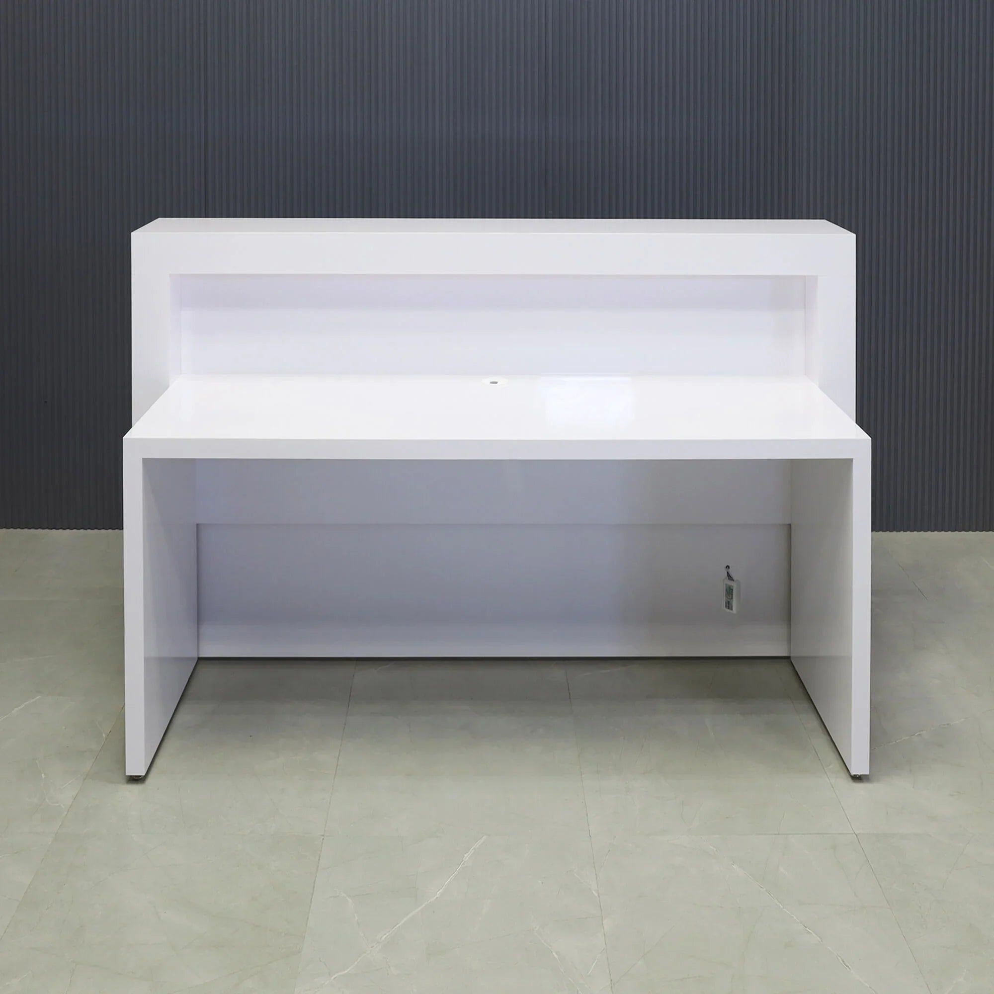 60-inch New York Straight Reception Desk in white gloss laminate main desk & accent recess front panel, with Color LED, shown here.