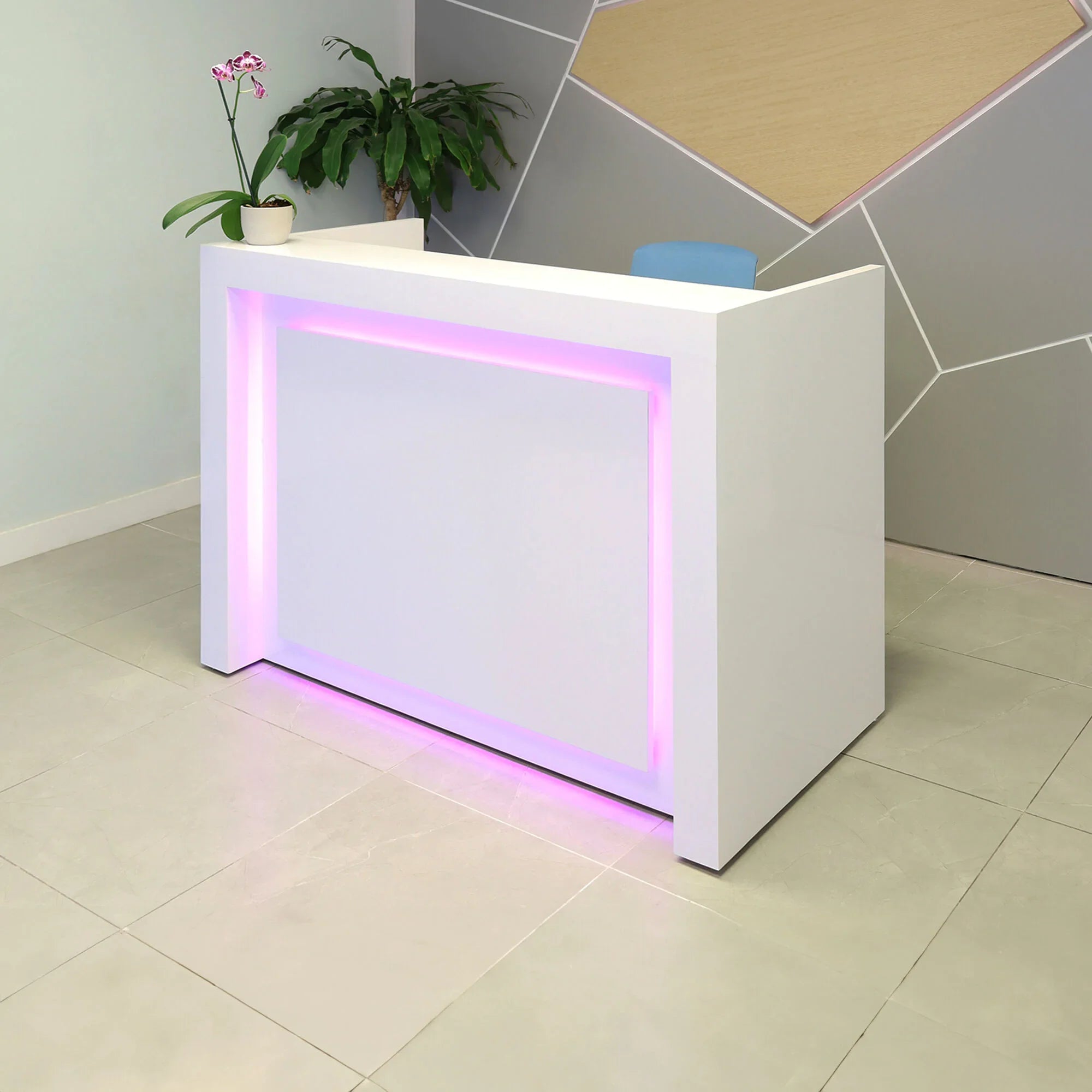 60-inch New York U-Shape Custom Reception Desk in white gloss laminate main desk and accent recess, with color LED, shown here.