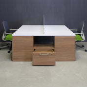 60-inch Dallas Custom Workstation with storage in white matte laminate, uptown walnut matte laminate storage, white acrylic partition, and brushed stainless legs.