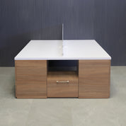 60-inch Dallas Custom Workstation with storage in white matte laminate, uptown walnut matte laminate storage, white acrylic partition, and brushed stainless legs.