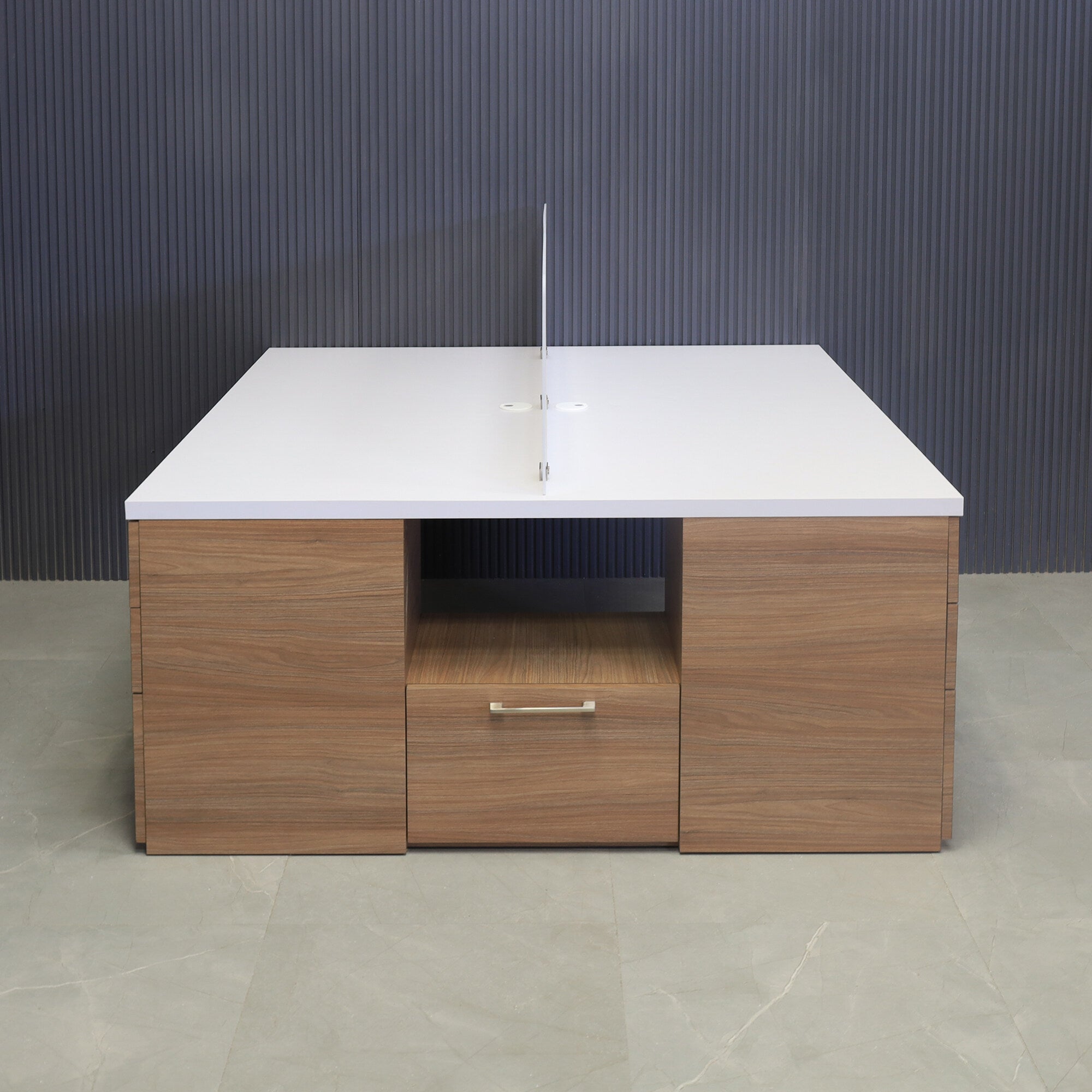 60-inch Dallas Custom Workstation with storage in white matte laminate, uptown walnut matte laminate storage, white acrylic partition, and brushed stainless legs.