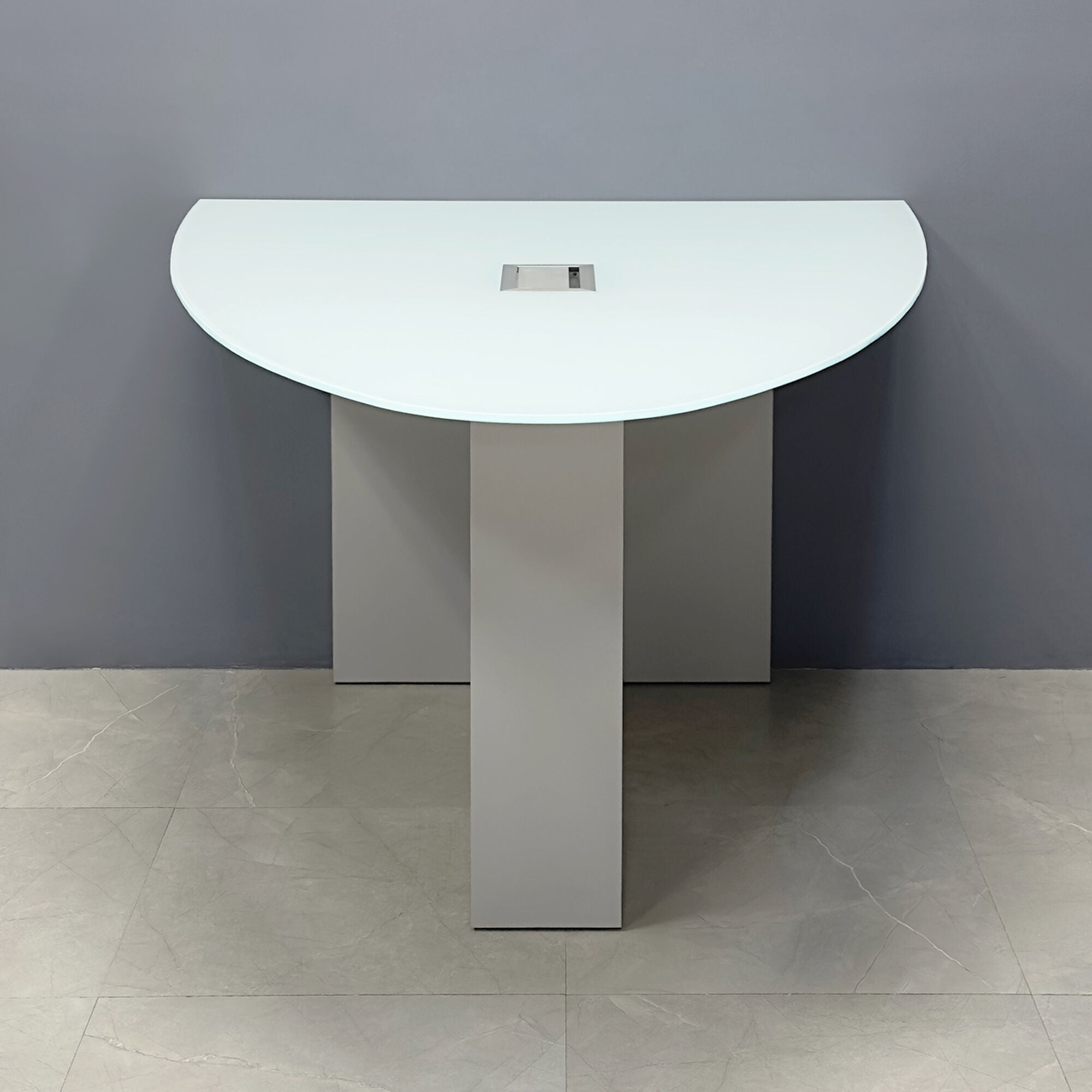 2-inch white tempered glass top, and folkstone gray matte laminate base, with silver MX3 power box.
