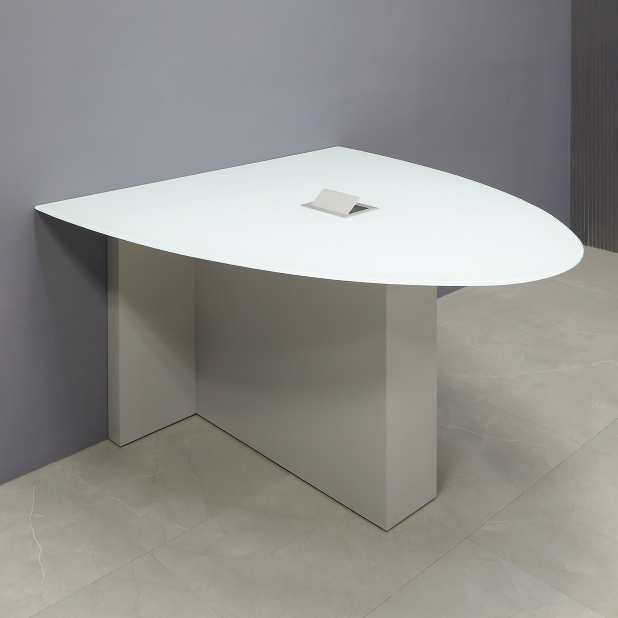 2-inch white tempered glass top, and folkstone gray matte laminate base, with silver MX3 power box.