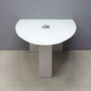 60-inch Collaboration Table in 1/2-inch white tempered glass top, and folkstone gray matte laminate base, with silver MX3 power box.