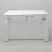 60-inch Denver Straight Glass Executive Desk with Sit-Stand Mechanism, white tempered glass top, white gloss laminate base privacy panel, and sit-stand mechanism.