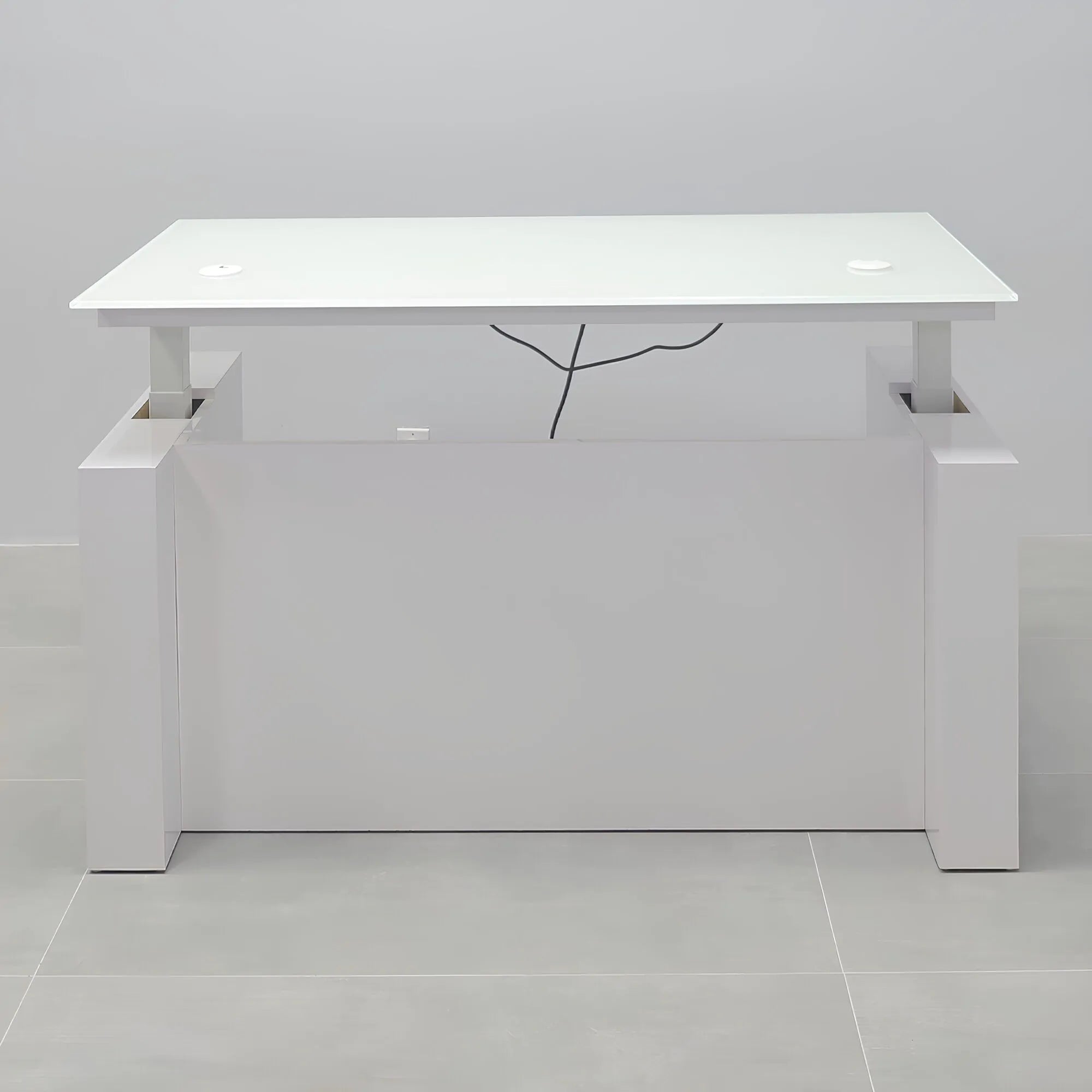 60-inch Denver Straight Glass Executive Desk with Sit-Stand Mechanism, white tempered glass top, white gloss laminate base privacy panel, and sit-stand mechanism.