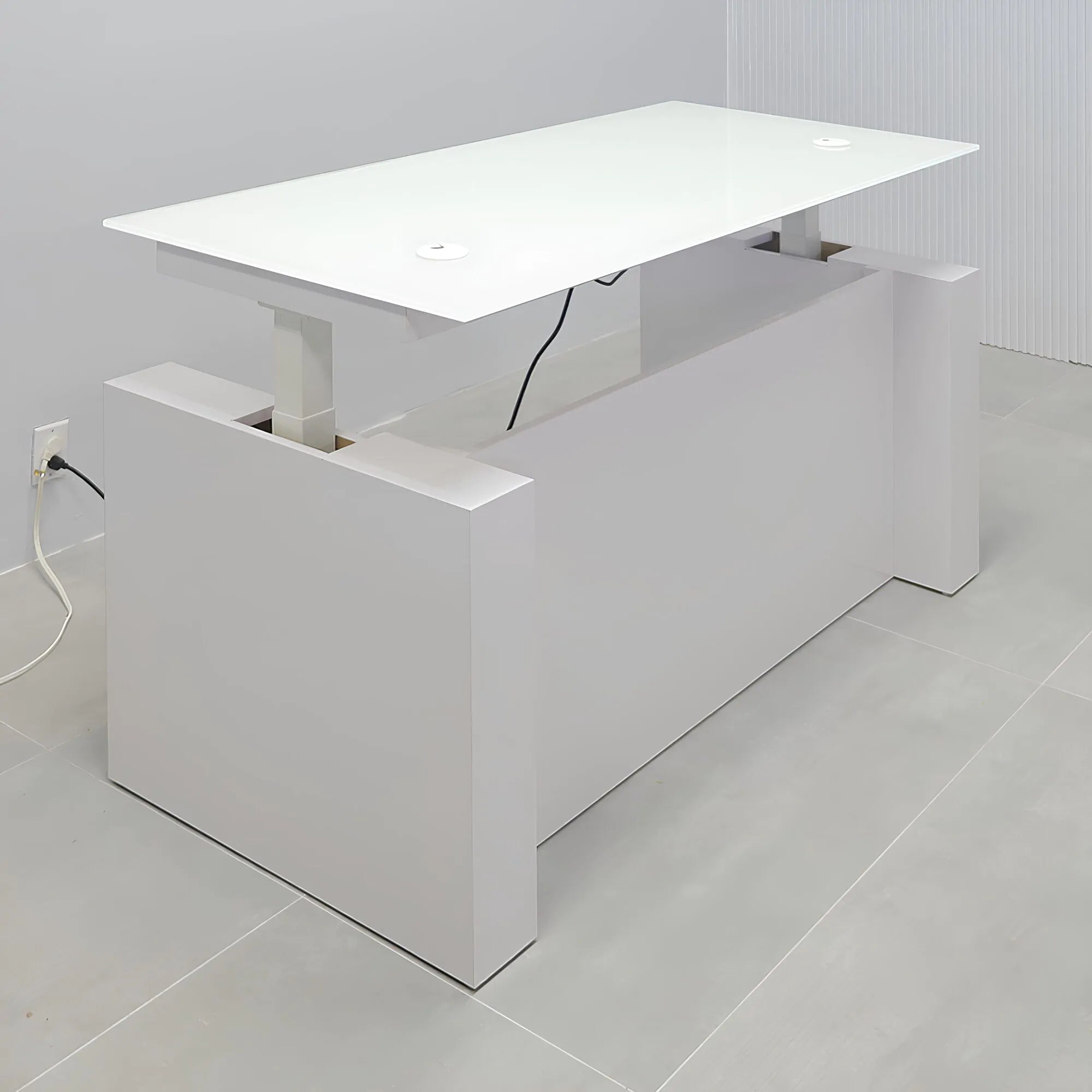 60-inch Denver Straight Glass Executive Desk with Sit-Stand Mechanism, white tempered glass top, white gloss laminate base privacy panel, and sit-stand mechanism.