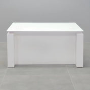 60-inch Denver Straight Glass Executive Desk with Sit-Stand Mechanism, white tempered glass top, white gloss laminate base privacy panel, and sit-stand mechanism.