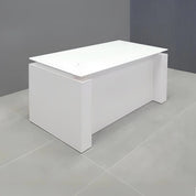 60-inch Denver Straight Glass Executive Desk with Sit-Stand Mechanism, white tempered glass top, white gloss laminate base privacy panel, and sit-stand mechanism.