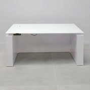 60-inch Denver Straight Glass Executive Desk with Sit-Stand Mechanism, white tempered glass top, white gloss laminate base privacy panel, and sit-stand mechanism.