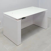 60-inch Denver Straight Glass Executive Desk with Sit-Stand Mechanism, white tempered glass top, white gloss laminate base privacy panel, and sit-stand mechanism.