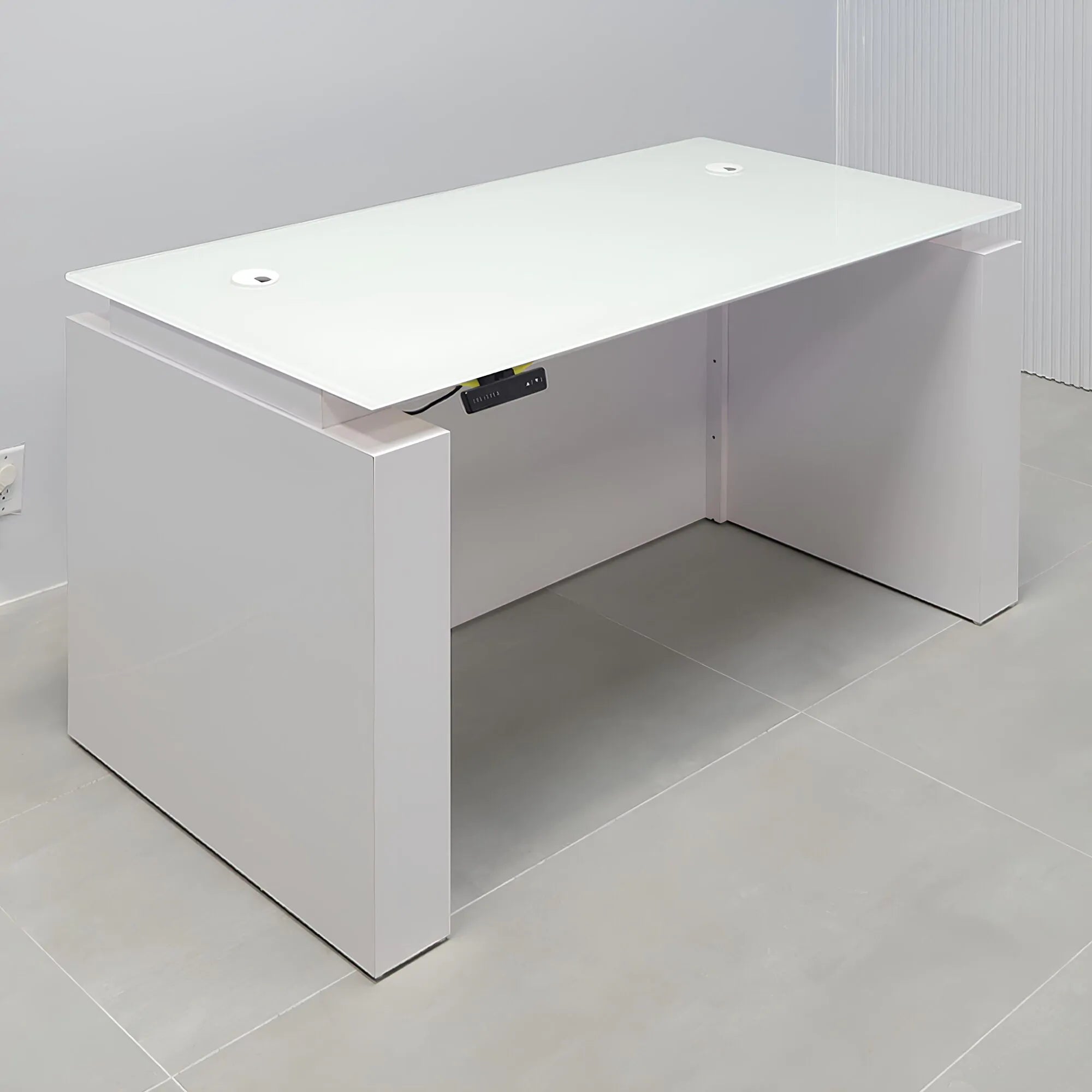 60-inch Denver Straight Glass Executive Desk with Sit-Stand Mechanism, white tempered glass top, white gloss laminate base privacy panel, and sit-stand mechanism.