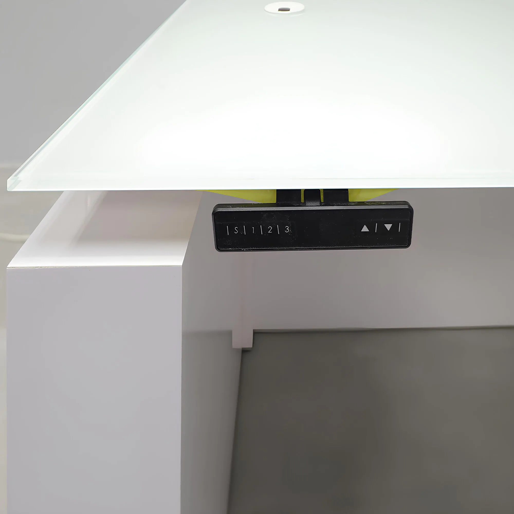 60-inch Denver Straight Glass Executive Desk with Sit-Stand Mechanism, white tempered glass top, white gloss laminate base privacy panel, and sit-stand mechanism.