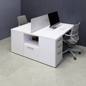 60-inch Dallas Custom Workstation with storage in white matte laminate top & storages, fog gray laminate partition & front drawers, and brushed stainless legs.